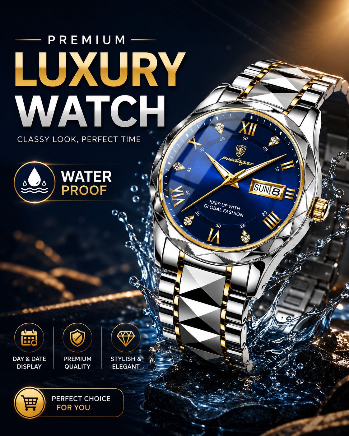 Waterproof Blue Dial Steel Strap Watch