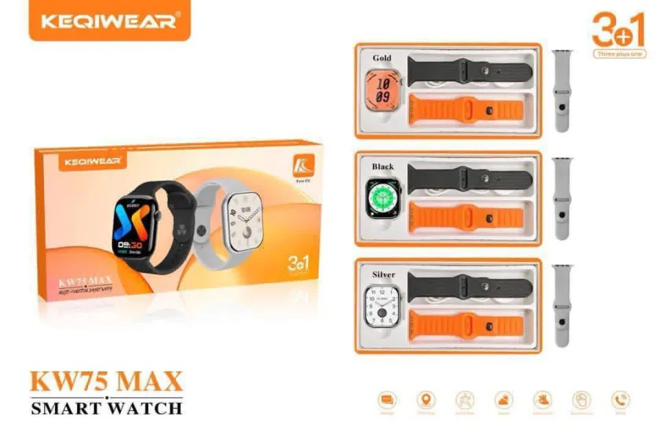 KEQIWEAR KW75 MAX Smart Watch 3+1 Strap Combo – Bluetooth Calling | HD Display | IP67 Waterproof | Android & iPhone Compatible